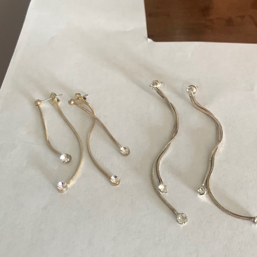 Earrings post style dangle one yellow one silver look both with white stones